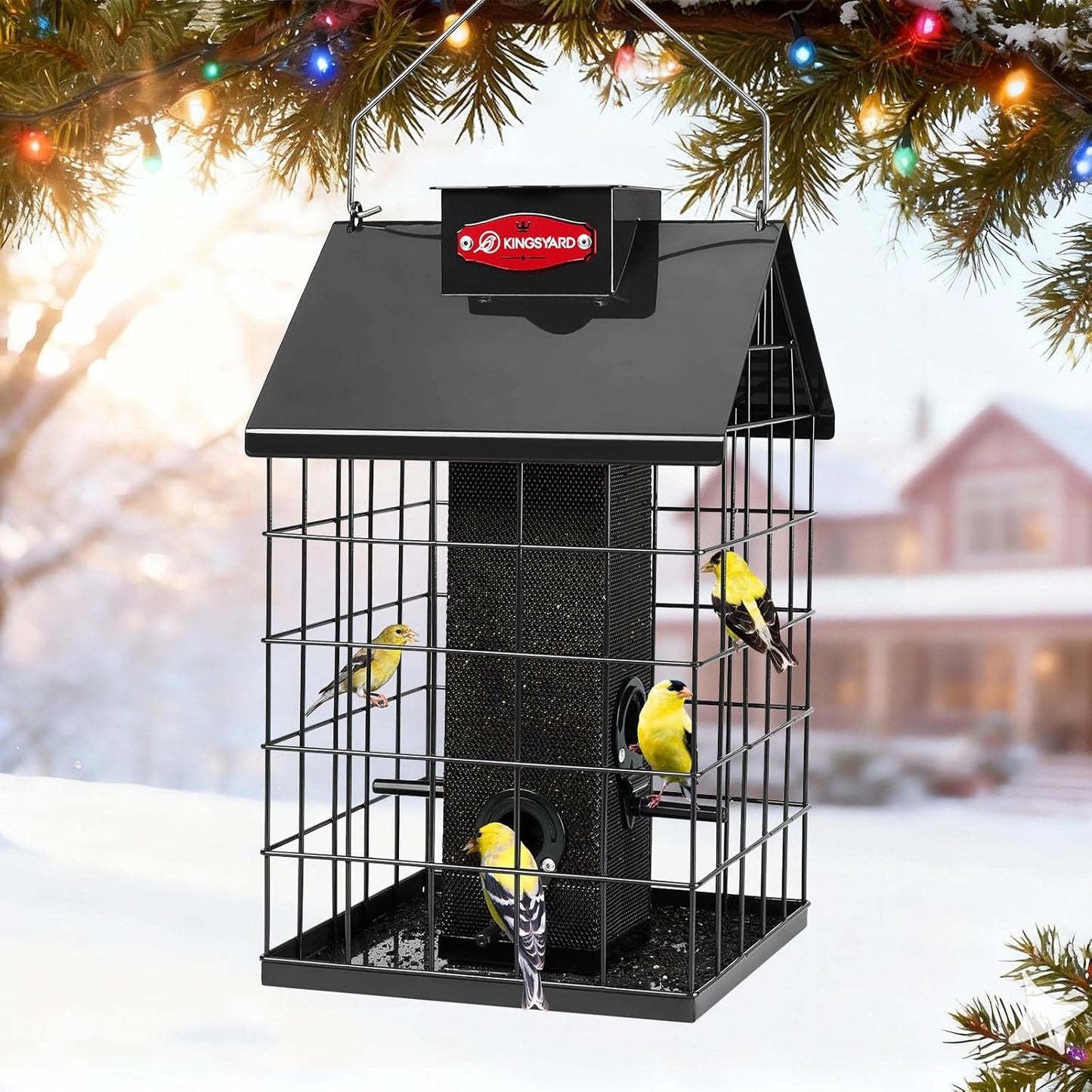 Kingsyard Squirrel Proof Caged Bird Feeder for Outdoor Hanging - Weatherproof Metal Mesh Tube Finch Bird Feeder with 4 Ports for Nyjer/Thistle Seed, Small Birds Goldfinches, Chickadees, Black