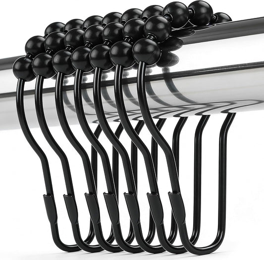Shower Curtain Hooks Rings, Rustproof Metal Shower Curtain Rings for Bathroom Shower Rods Curtains - Set of 12, Matte Black