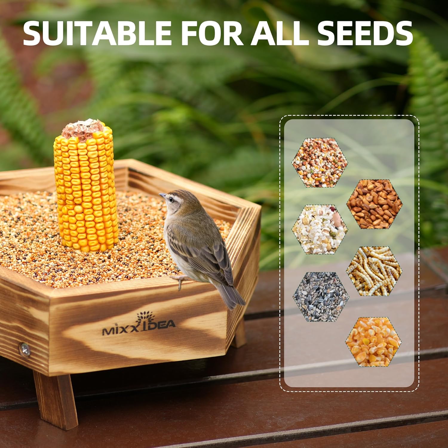 MIXXIDEA Ground Bird Feeder for Outdoors, Wooden Mesh Seed Tray for Bi