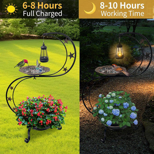 Solar Bird Bath for Outside, Vintage Metal Bath Bowl Standing Birdbaths with Flower Planter for Garden Yard Lawn Decor