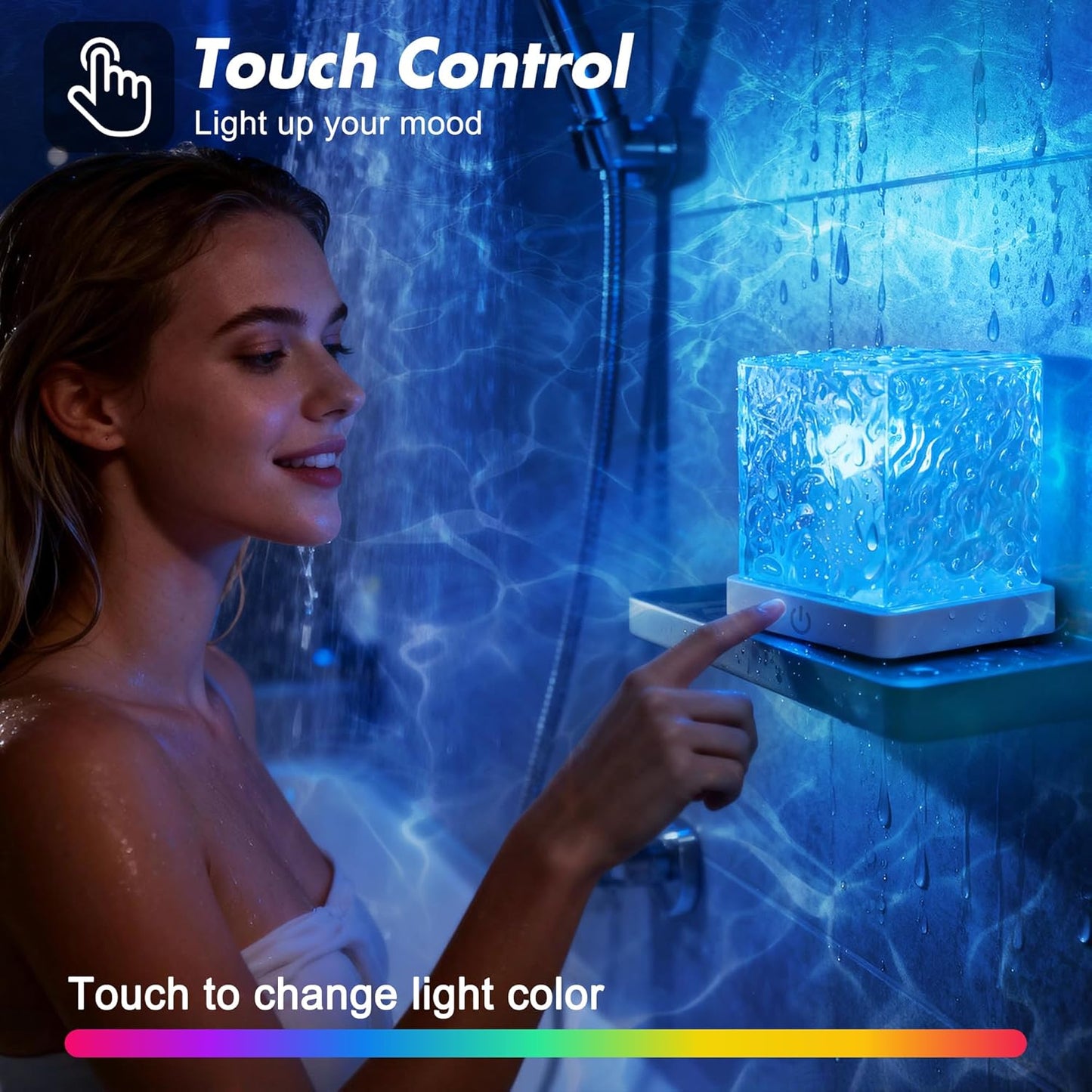 Rechargeable Shower Light No Wiring, 16 Color Changeable Ocean Wave Projector Light, Dimmable Waterproof Shower Lamp with Remote, Rotating Flame Water Ripple Lamp for Shower, Bathroom, Bedroom Decor