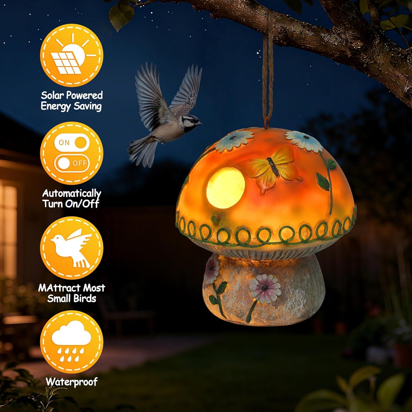Solar Birdhouse for Outdoor Hanging, Mushroom Bird House with Lights Outside, Resin Garden Statue Decorative Nesting Box for Chick Blue Bird Hummingbird Woman Gifts for Yard Patio