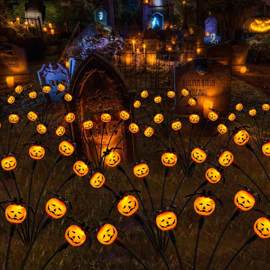 Halloween Decorations Outdoor 2 Pack Solar Lights, 12 LED Scary Pumpkin Swaying Firefly Lights with Spider & Bats for Outside Garden Yard Lawn Grave Cemetery Ghost Decor Party, Orange