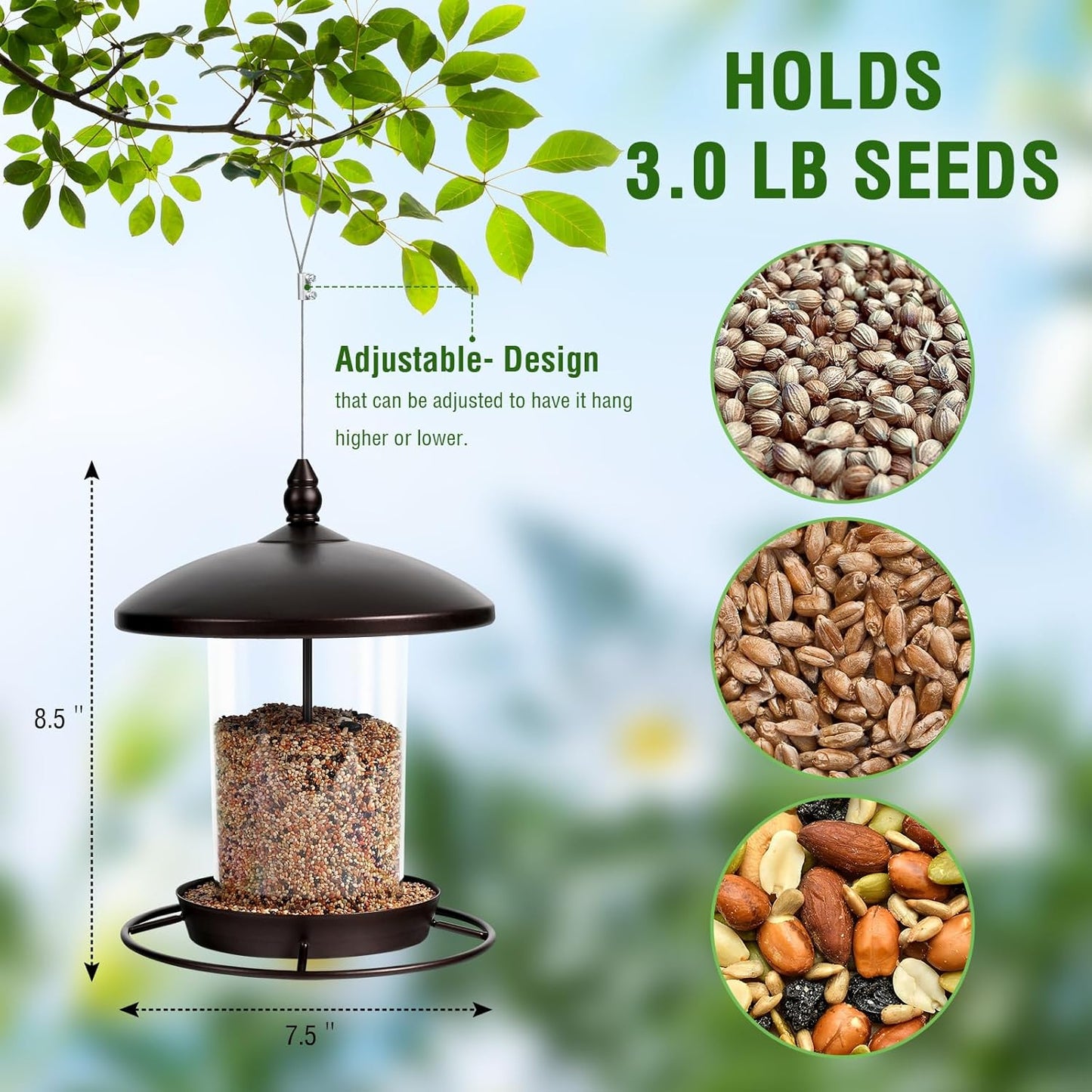 Metal Bird Feeder for Outdoors Hanging,3.0LB Seed Feeder,Easy to Fill 