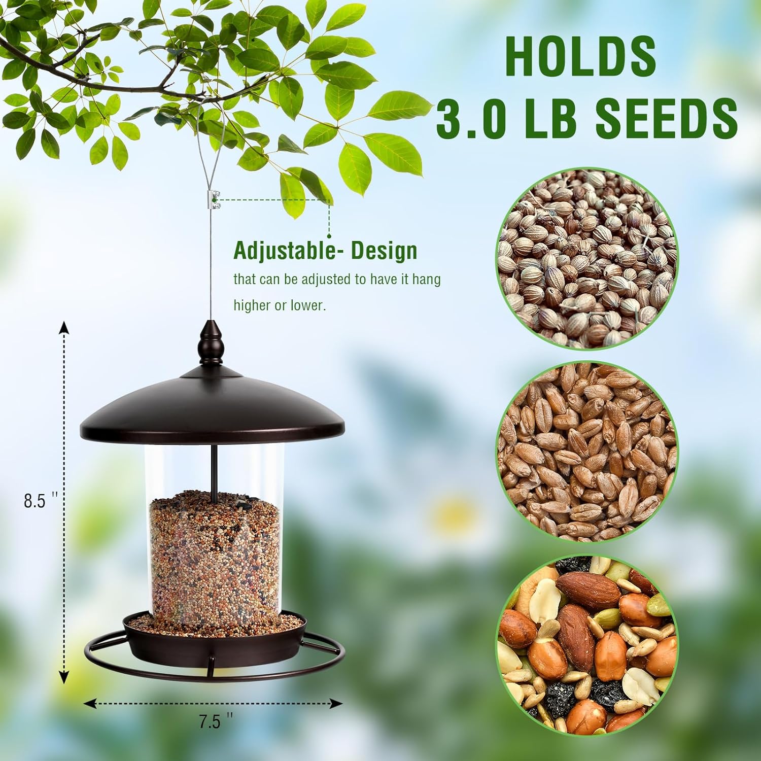 Metal Bird Feeder for Outdoors Hanging,3.0LB Seed Feeder,Easy to Fill 