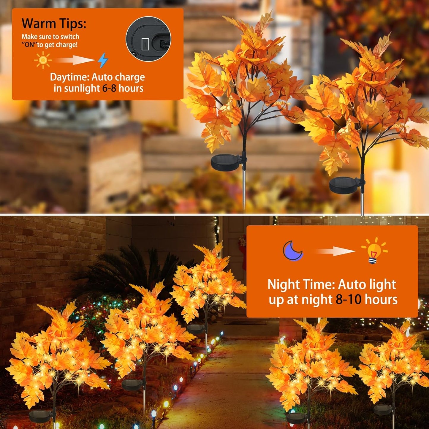2 Packs Solar Prelit Fall Tree Lights for Outdoor Thanksgiving Decorations, 2 Modes Thanksgiving Solar Lights, Waterproof Maple Tree Solar Fall Lights for Fall Yard Patio Garden