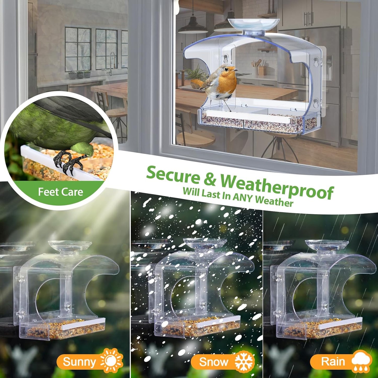 Goodeco Clear Window Bird Feeder - Outdoor Window Feeder with Bird Water Bowl & Strong Self-Adhesive Hooks for Outside Watchings - with a Brush, Easy to Clean, Ideal Gifts for Mom Parents