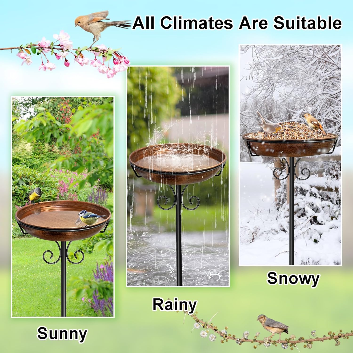 38In Freestanding Bird Bath for Outside, Detachable Birdbaths with Met
