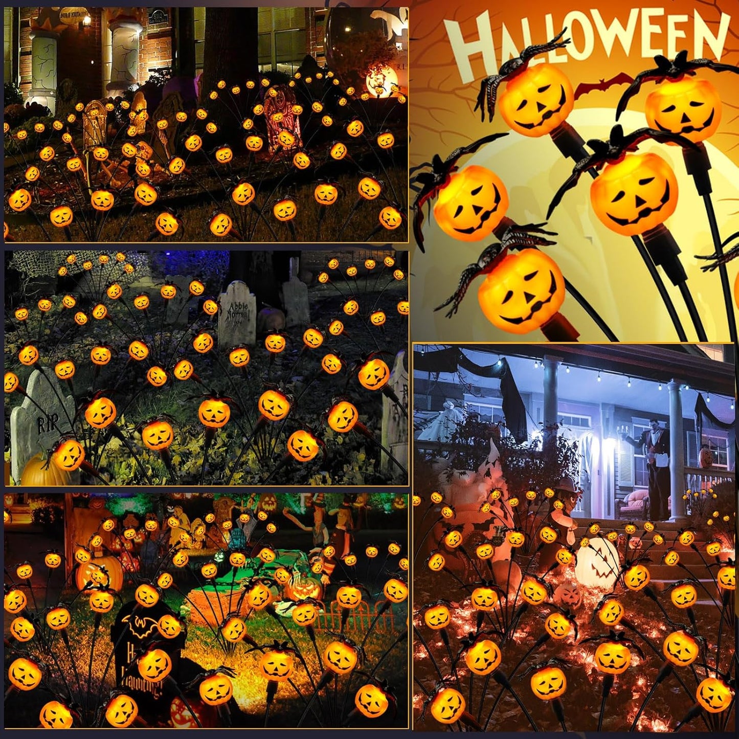 Halloween Decorations Outdoor 2 Pack Solar Lights, 12 LED Scary Pumpkin Swaying Firefly Lights with Spider & Bats for Outside Garden Yard Lawn Grave Cemetery Ghost Decor Party, Orange