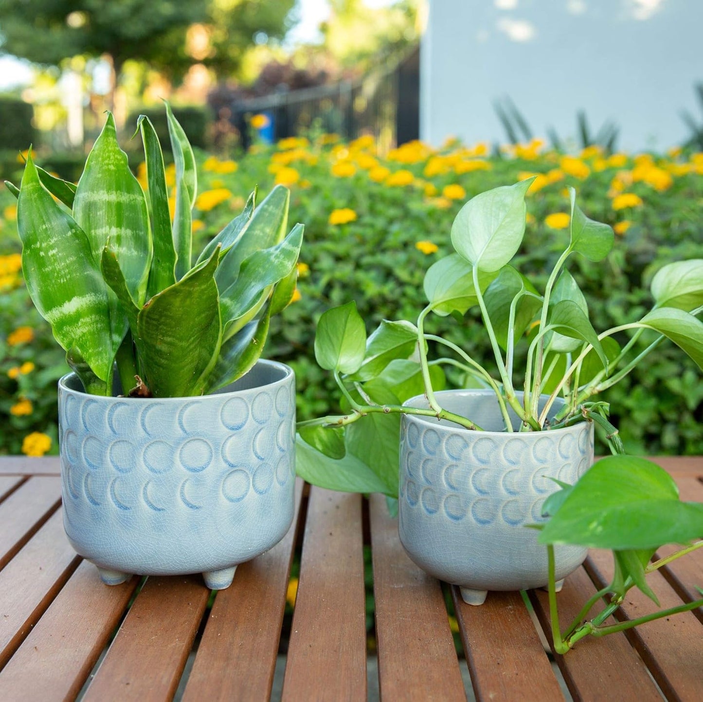 Flora Bunda 6 in & 4.75 in Small Moon Phase Ceramic Footed Planter,Set of 2, Glass Blue
