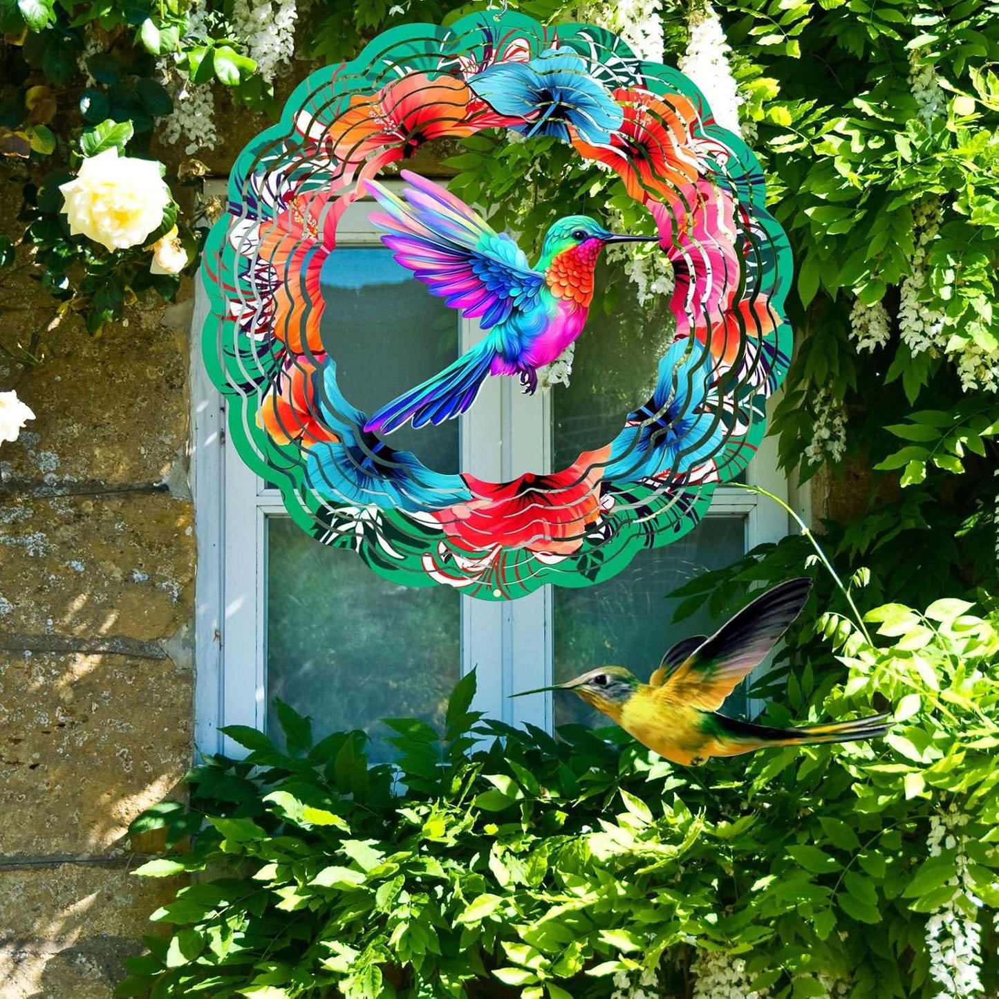 Hummingbird Wind Spinners Hanging Outdoor Decor, 12 Inch 3D Kinetic Yard Art Hummingbird Metal Sculpture Birthday Gifts for Bird Lovers, Mom, Women for Yard, Garden