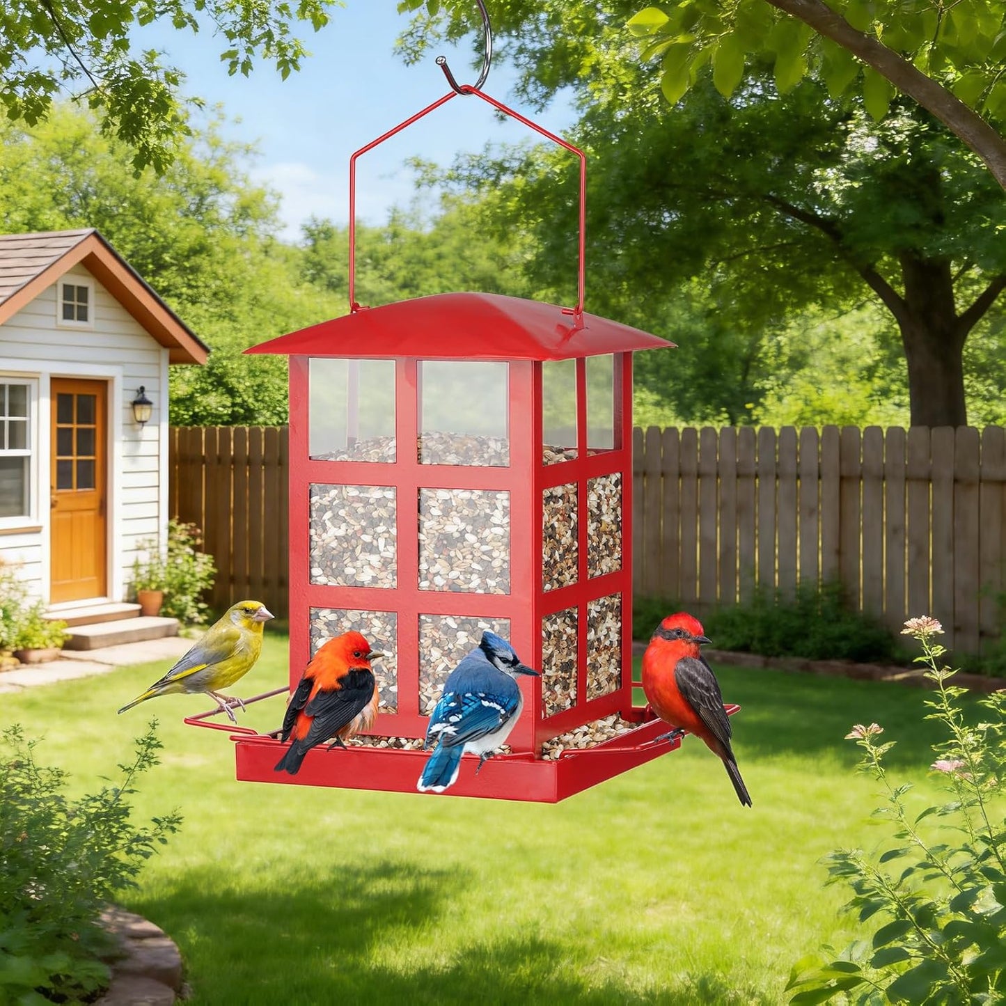 Bird Feeder, Heavy Duty Metal Bird Feeders for Outdoor Hanging, Retro Red House Wild Birdfeeder, Rainproof & Waterproof, 4 LBs Large Capacity