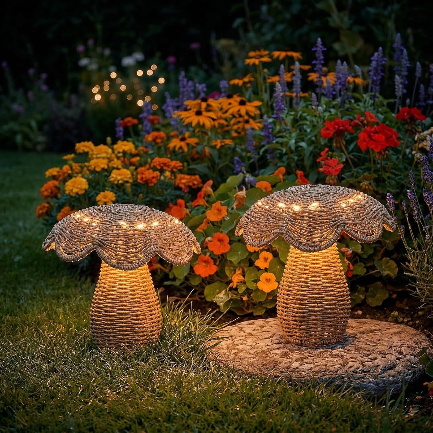 2 Pack Solar Mushroom Rattan Lanterns, 9’’ Handmade Wicker Lamp Mushroom Lights for Indoor Outdoor, Solar Outdoor Lamp Solar Lanterns for Table Deck Yard Patio Walkway Porch, Home Decor, Boho Decor