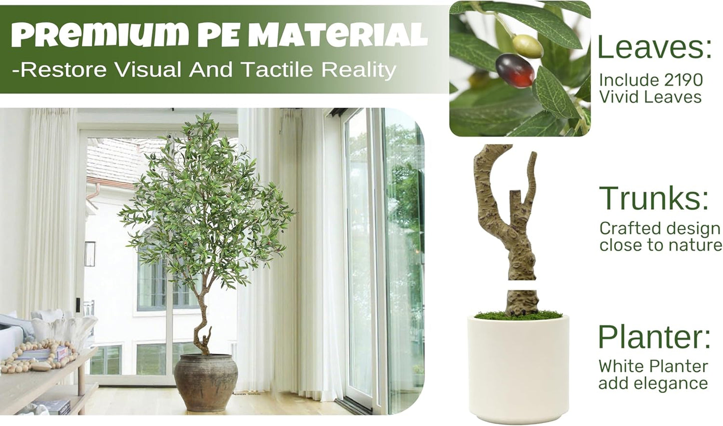 Artificial Olive Tree 8FT with 2190 Leaves & White Planter Realistic Tall Large Fake Faux Silk Plant 94 Inch for Indoor Home Office Porch Mall Restaurant Hotel School Decor Housewarming Gift