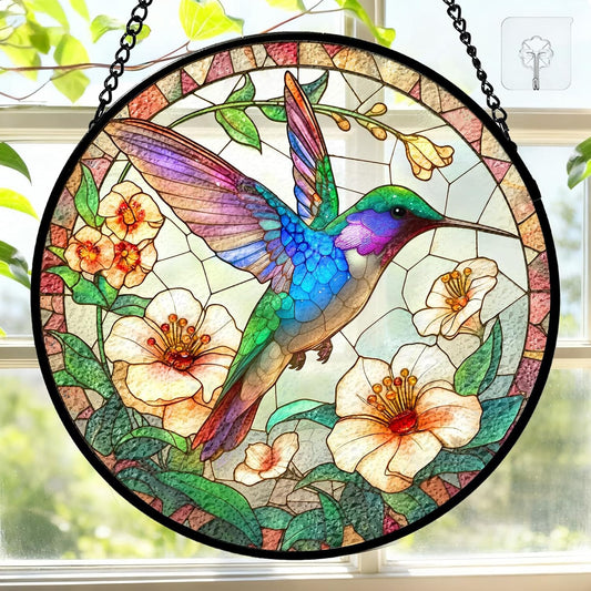7.8 Inch Stained Glass Window Hanging Hummingbird Flower Sun Catcher Indoor Window Door Wall Yard Home Decor Bird Ornament Colorful Glass Panel Suncatcher Gifts for Women Men Mom Grandma Bird Lovers