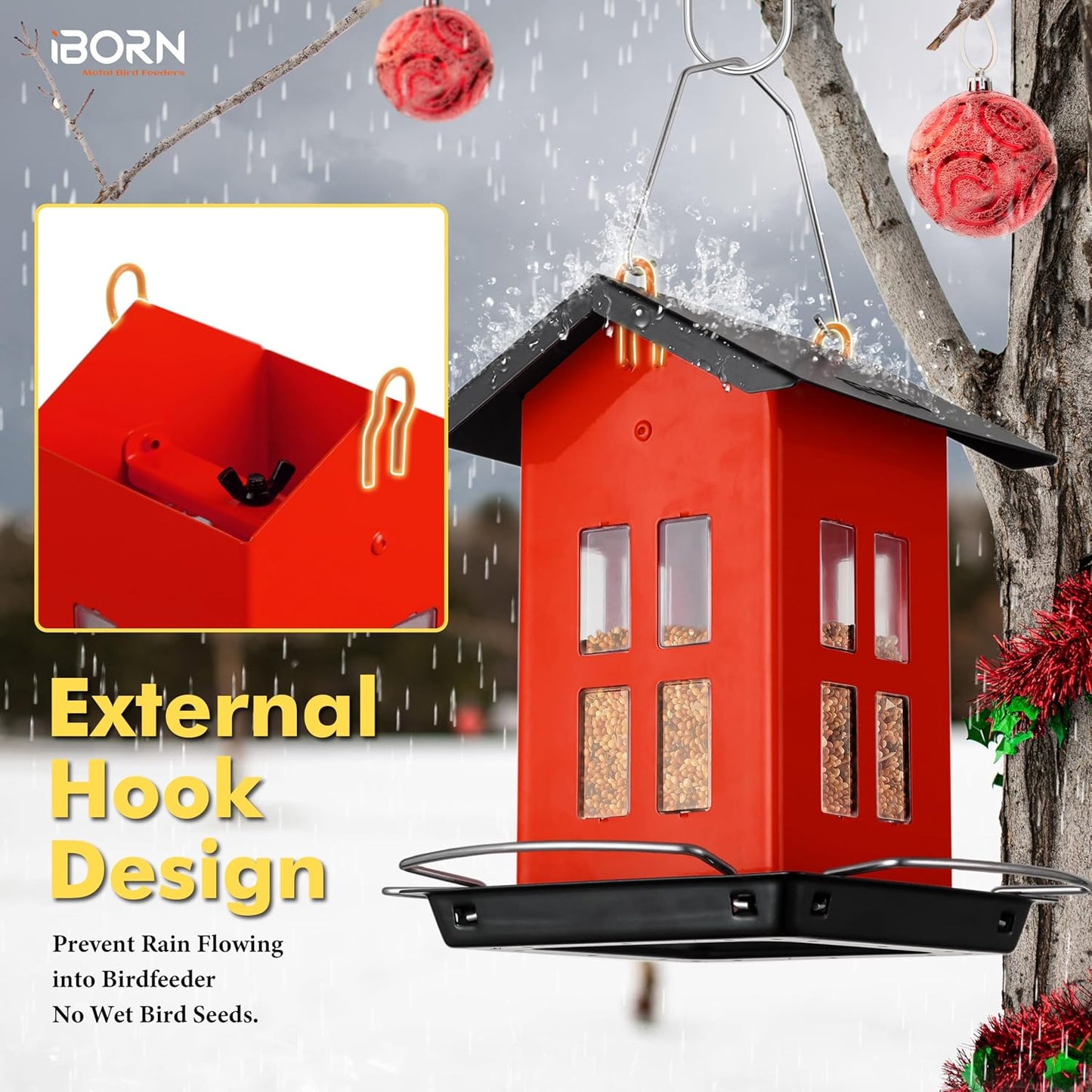 iBorn Bird Feeder House, Metal Bird Feeders for Outdoors Hanging,Double-Sided Metal Hanger & Weatherproof, Easy to Clean & Refill, 1.5 Lbs Capacity, Red