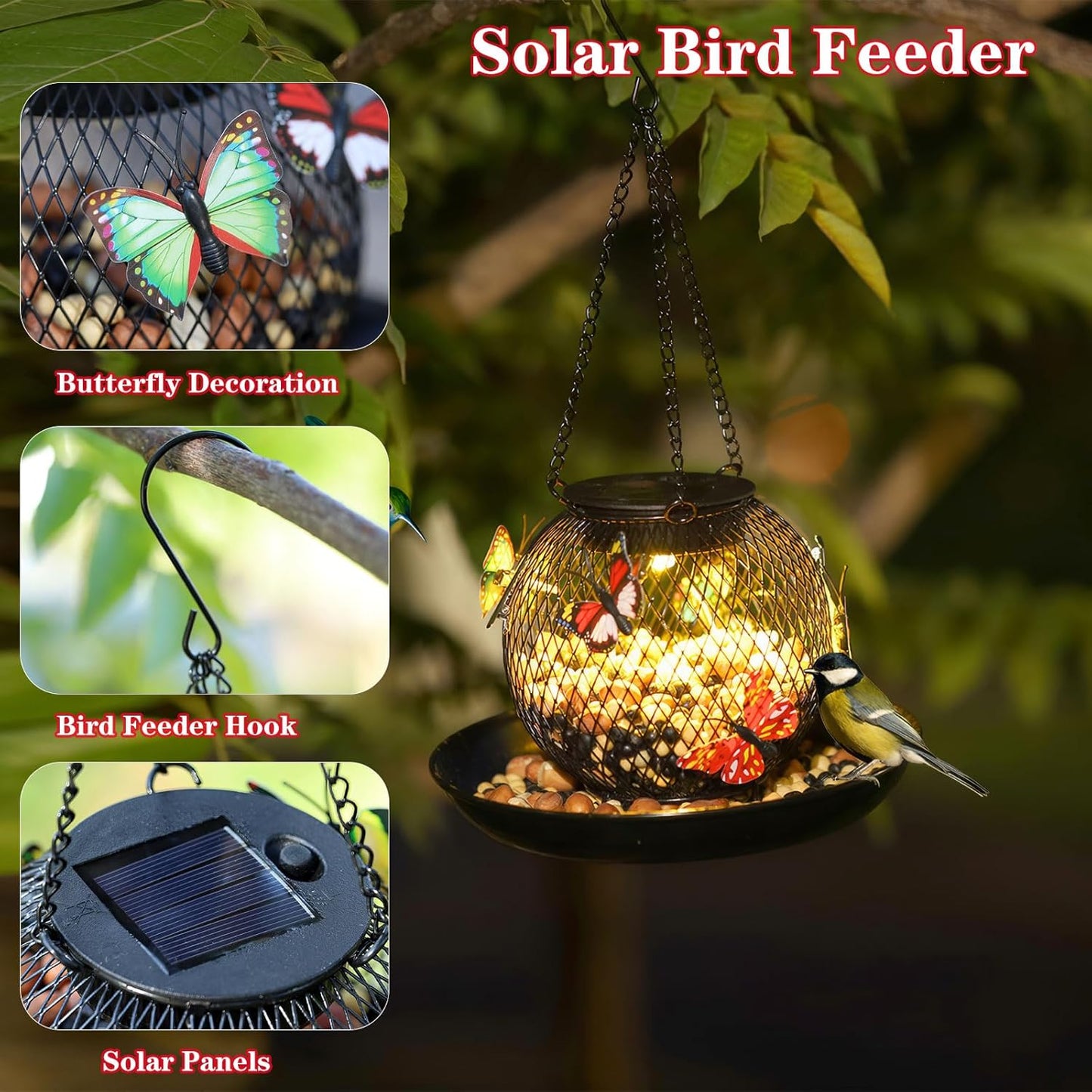 Bird Feeders for Outdoors Hanging, Outside Metal Wild Bird Feeder with Solar Light, Garden Decor for Yard/Patio -Birthday Gifts for Women Mom Grandma Bird Lovers