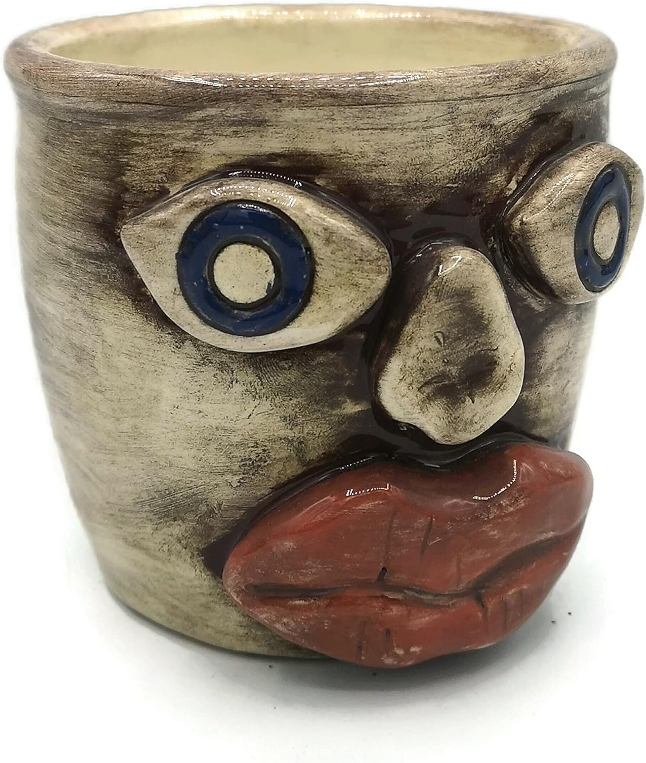 Sculptural Ceramic Planter Pot with Face, Ethnic Office Desk Accessories for Men