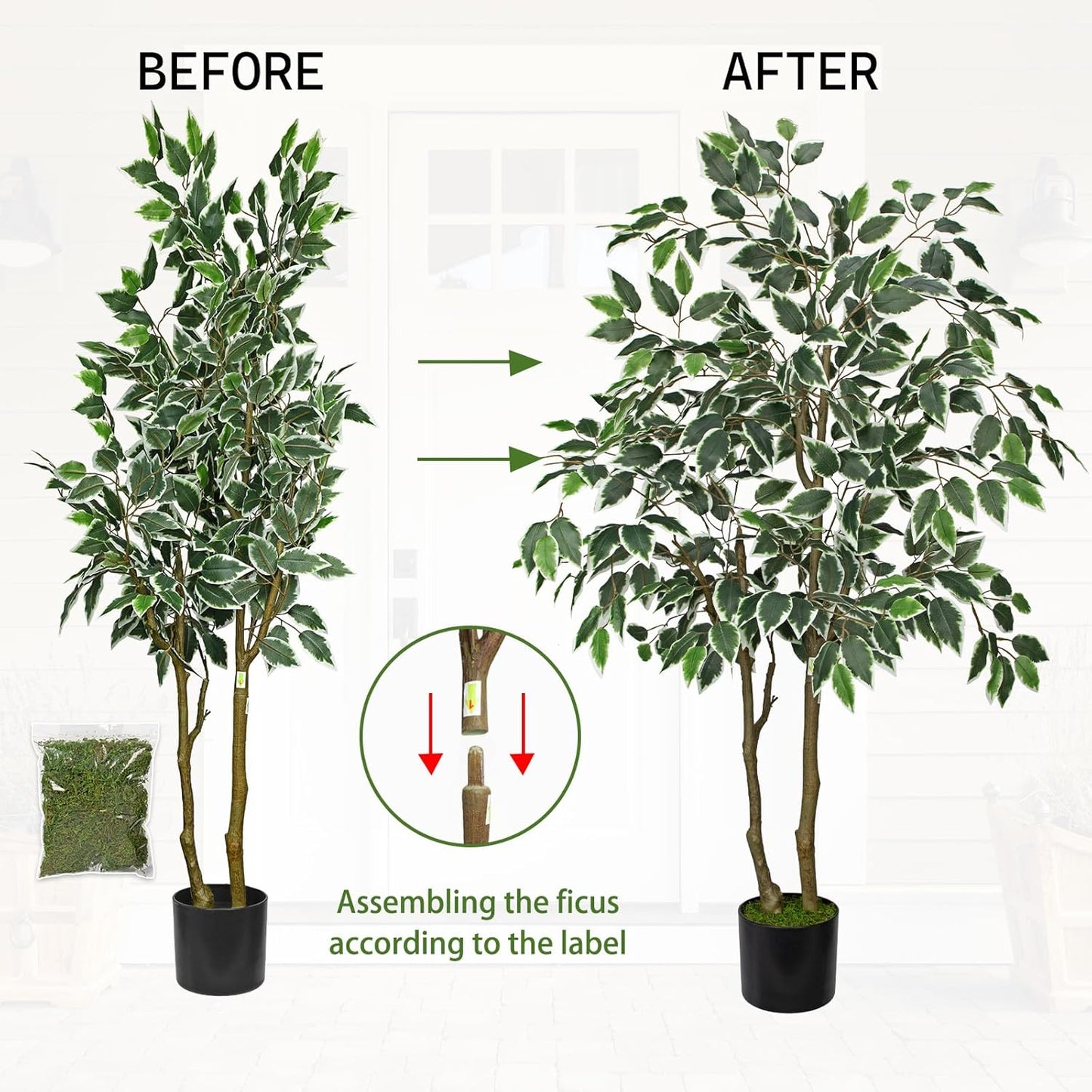2 Pack Artificial Ficus Tree 4ft Silk Fake Ficus Leaves Plant 120cm Potted Faux Ficus Tree with Decorative Moss Dual Trunks Indoor Outdoor Big Fake Plants with Pot for Home Garden Office Livingroom