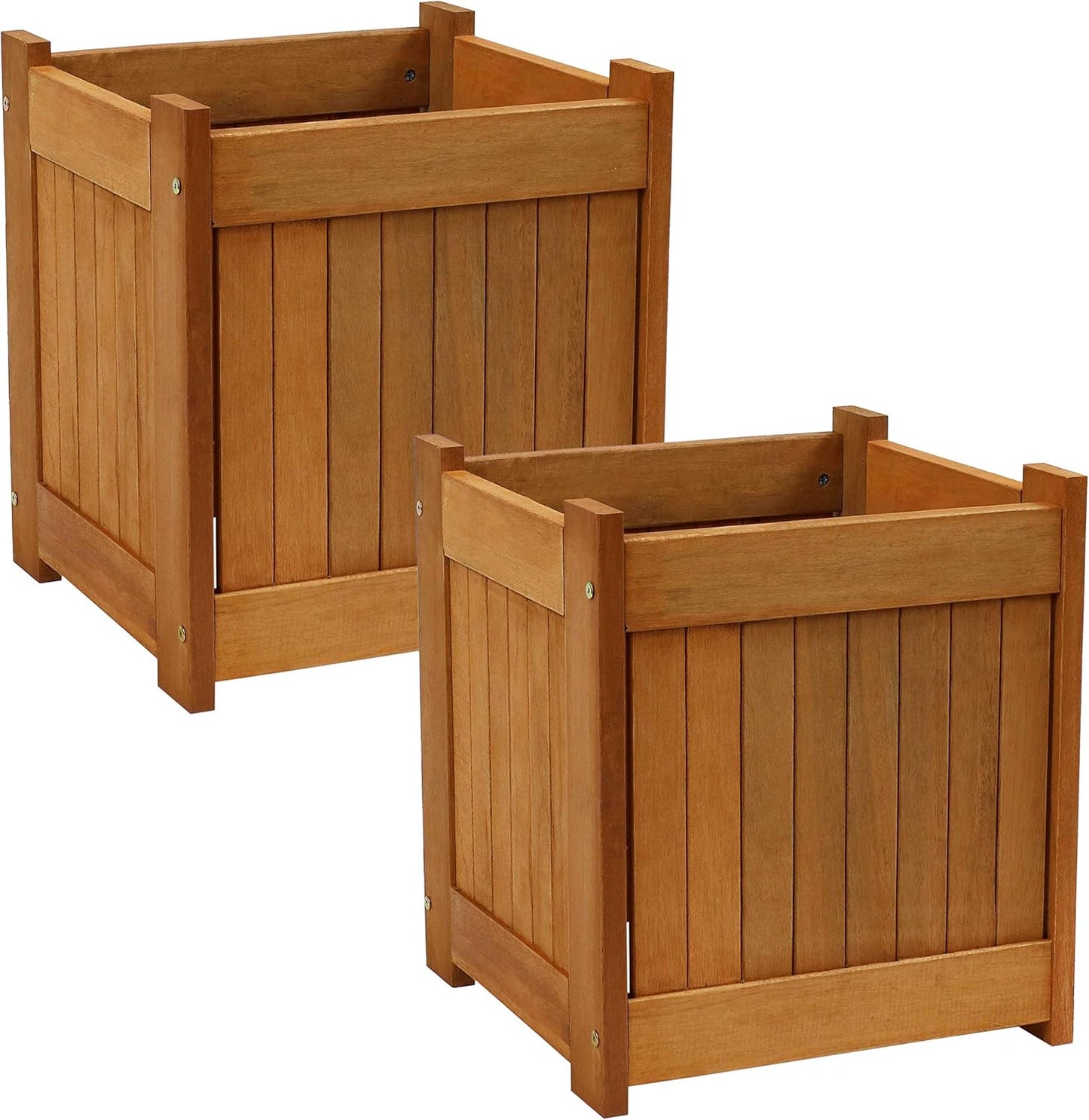 Sunnydaze 16-Inch Meranti Wood Planter Boxes for Outdoor Plants - Square Large Planter Boxes with Teak Oil Finish - Set of 2