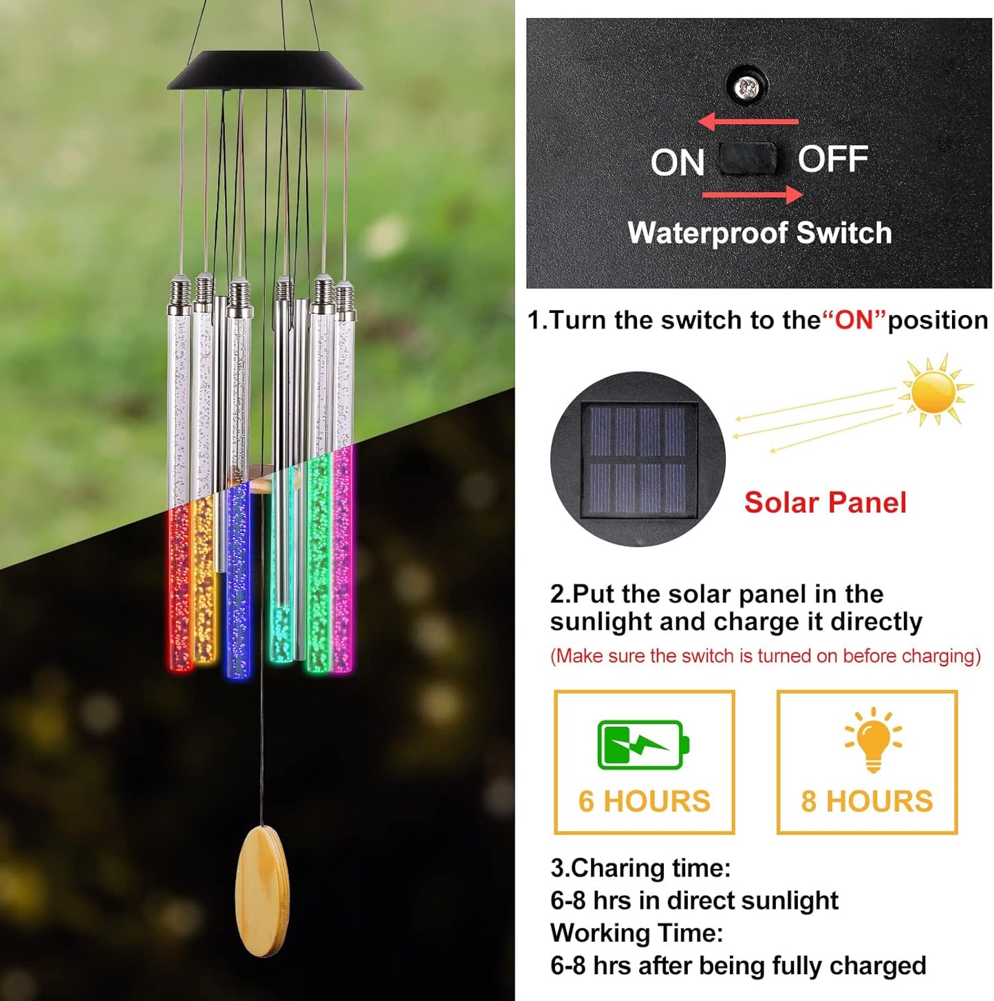 Solar Wind Chimes for Outside, DesGully 6 LED Tubes Color Changing Out
