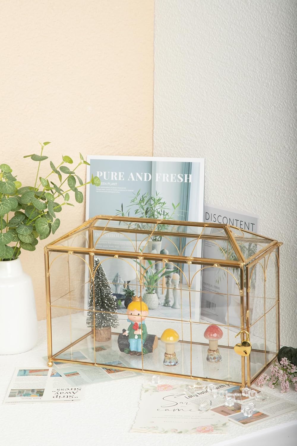 Golden Glass Lidded Box Decorative Jewelry Display Box Brass Clear Glass (Garden Gold with Lock, 10.3" L x 5.9" W x 8.3" H)…
