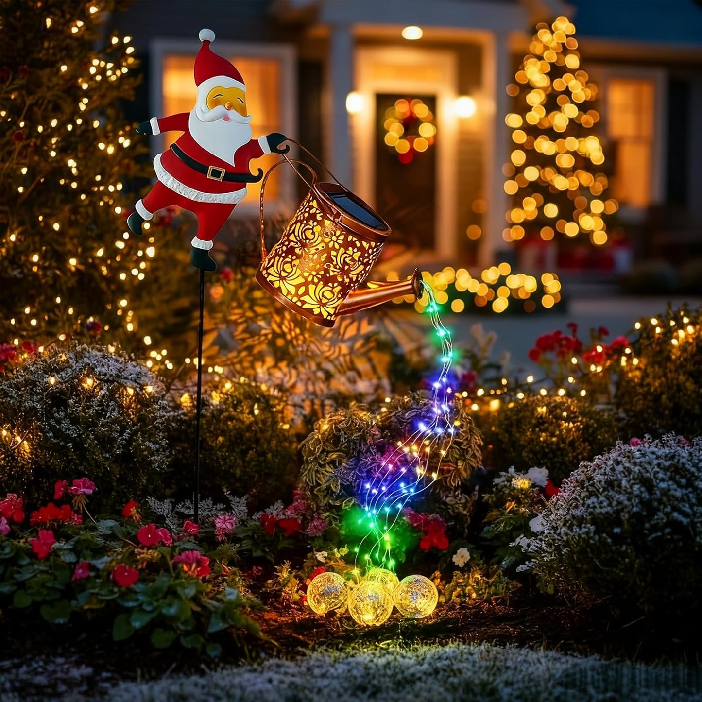 Christmas Solar Kettle Lights Garden Lawn Decorative Lights, Garden Christmas Lights Santa Claus Watering Can Lantern with Led Light Outdoor Waterproof Solar Lantern (A-Multicolor, One Size)