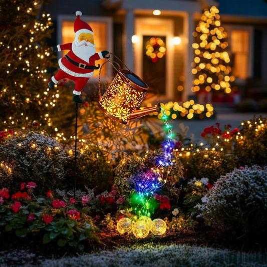 Christmas Solar Kettle Lights Garden Lawn Decorative Lights, Garden Christmas Lights Santa Claus Watering Can Lantern with Led Light Outdoor Waterproof Solar Lantern (A-Multicolor, One Size)