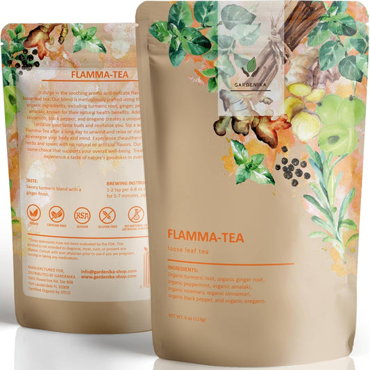 Gardenika Organic Flamma-tea Loose Leaf Tea | Premium Turmeric Ginger Blend with Cinnamon, Peppermint & Black Pepper | 100% Natural, Caffeine Free Herbal Wellness Tea | 4oz (113g)
