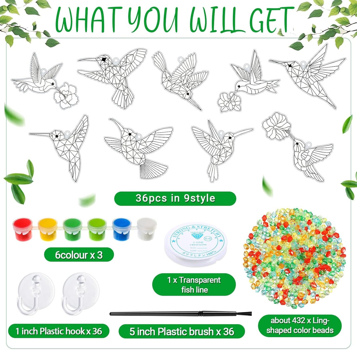 Pasimy 36 Sets Hummingbird Suncatchers Craft Kits Bird Paint Window DIY Hanging Ornaments Decorations Make Your Own Spring Activities Arts Summer Party Favors Gifts for Classroom Home Mother Birthday