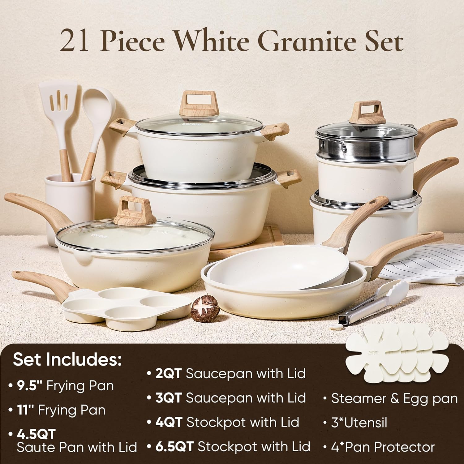CAROTE 21Pcs Pots and Pans Set, Nonstick Cookware Sets, White Granite 