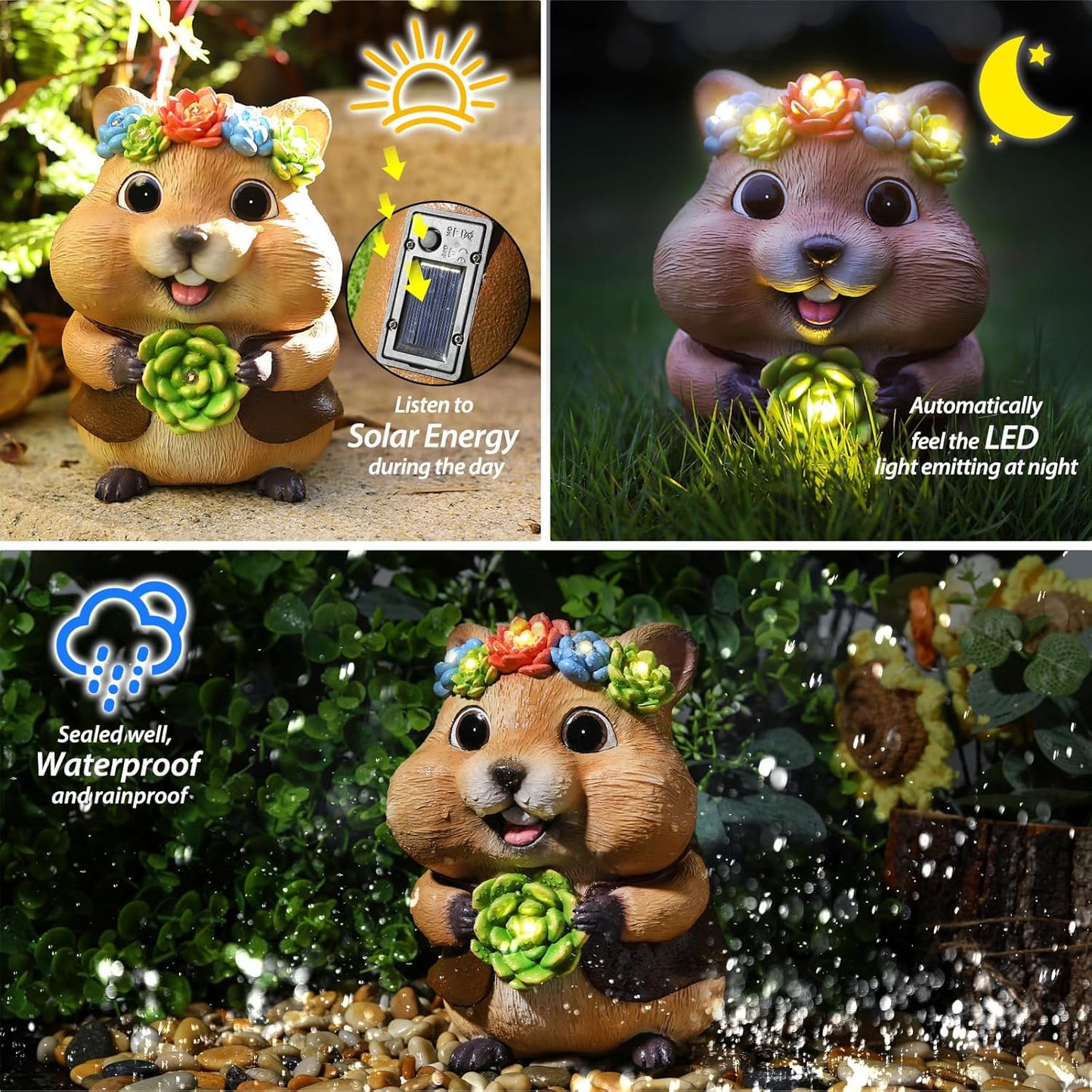 Solar Garden Decor Outdoor Statues Hamster with Succulent and LED Lights Birthday Gifts for Women Mom Grandma Outside Decorations for Lawn, Porch, Yard, Patio, Balcony