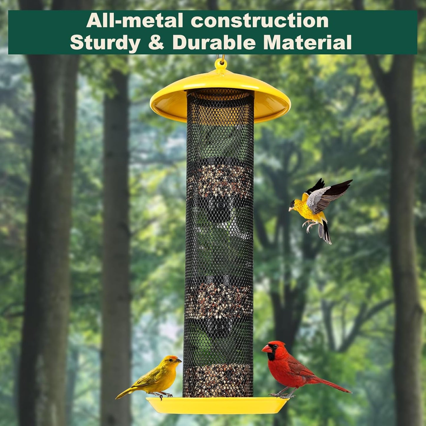 Finch Bird Feeder for Outdoors,Metal Mesh Tube Bird Feeders for Nyjer & Thistle Seed, 3.5 lbs Large Capacity (Yellow)