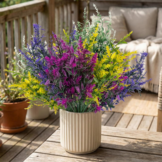 Artificial Flowers Outdoor, Artificial Plants Outdoor for Spring Summer, Lavender Artificial Flowers, for Garden, Porch, Patio, Window Box, Wedding (8, Purple, Fuchsia, White, Yellow)