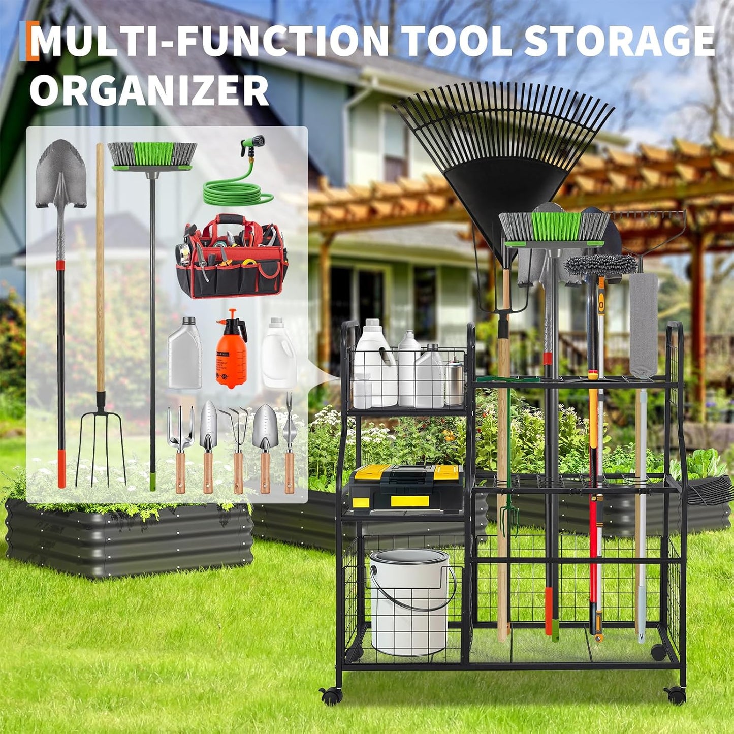 GarveeLife Garden Tool Organizer With Wheels & Basket,Yard Storage Rack with 6 Shelves,Freestanding Garage Tool Organizer for Yard Shed and Lawn
