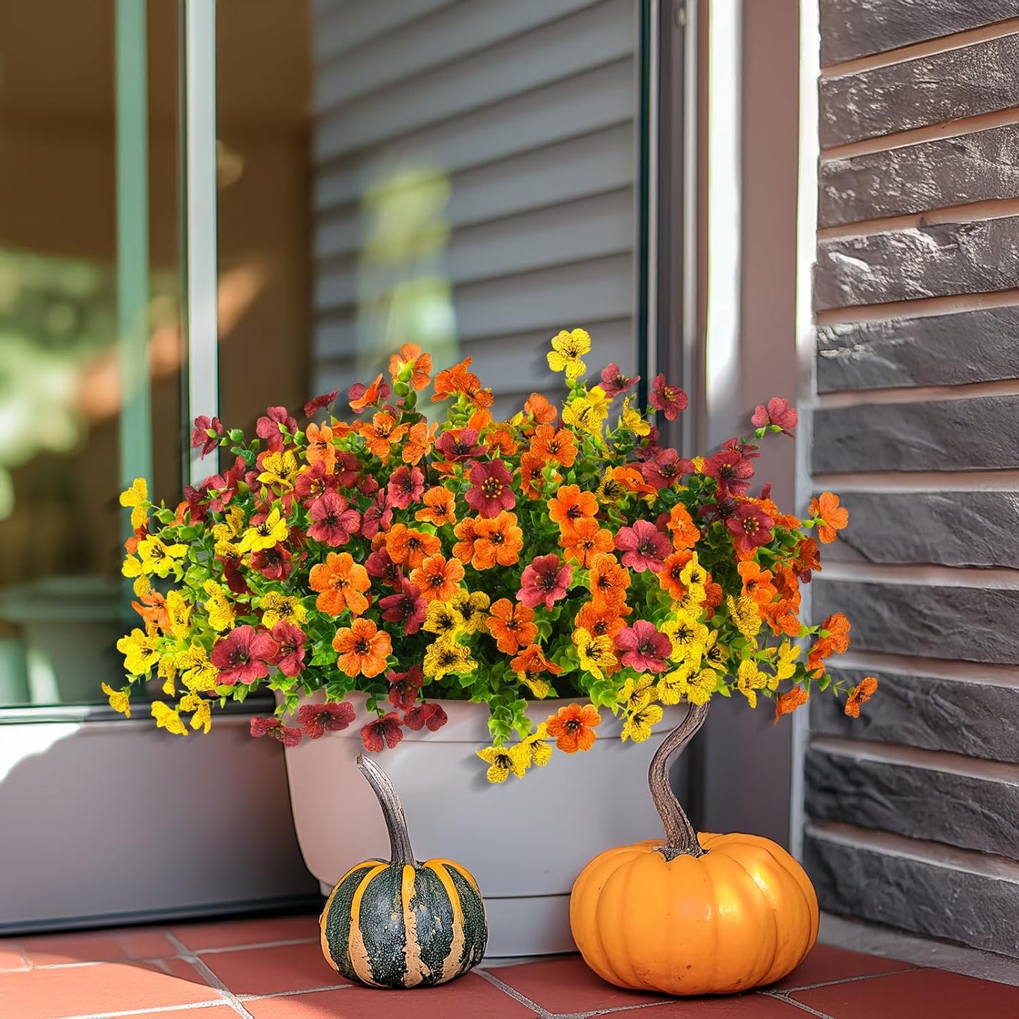 Artificial Fake Hanging Plants Flowers Basket, Faux Silk Daisy in Planter Realistic UV Resistant for Outside Home Patio Balcony Yard Mums Autumn Outdoor Decoration (Orange Brown Yellow)