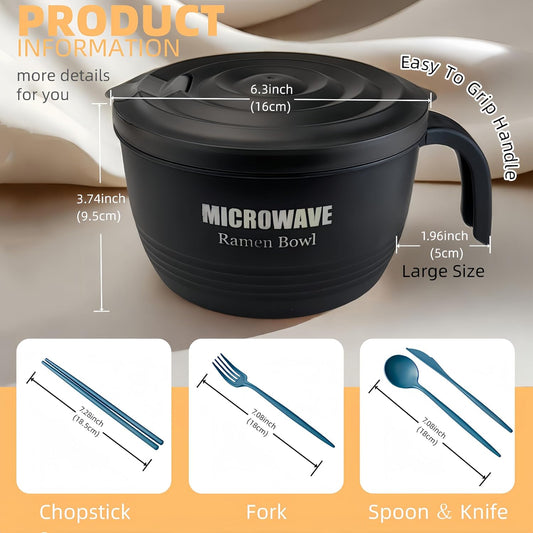 Layron Large Ramen Bowl, Ramen Noodle Bowls Microwavable 45 oz, Ramen Cooker, Microwave Pasta Cooker, Ramen Bowl Microwave Gift for College Boys Girls Male Female Dorm Room (black)