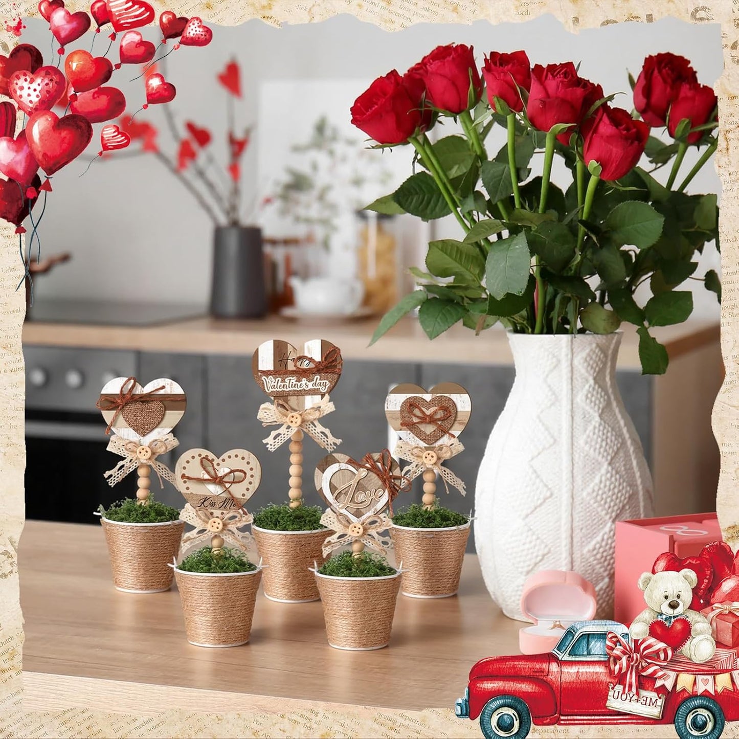 Kathfly 5 Pcs Valentine's Day Rustic Decor Heart Mini Potted Wooden Sign Boho Farmhouse Plant Pot Tabletop Centerpiece Tiered Tray Home Decor Gifts for Women Party Table