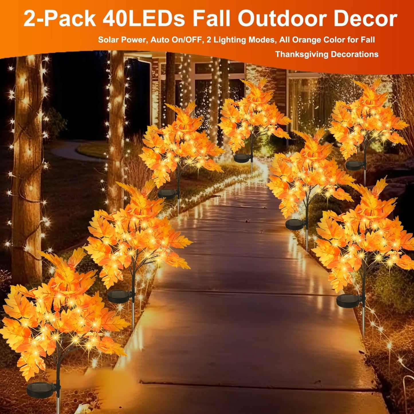 2 Packs Solar Prelit Fall Tree Lights for Outdoor Thanksgiving Decorations, 2 Modes Thanksgiving Solar Lights, Waterproof Maple Tree Solar Fall Lights for Fall Yard Patio Garden
