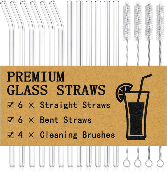 Piteno® 16-Pack Reusable Glass Straws Set, Clear Glass Drinking Straws, 8.5''x10MM, Set of 6 Straight and 6 Bent with 4 Cleaning Brushes, Perfect for Smoothies, Milkshakes, Juice, Tea
