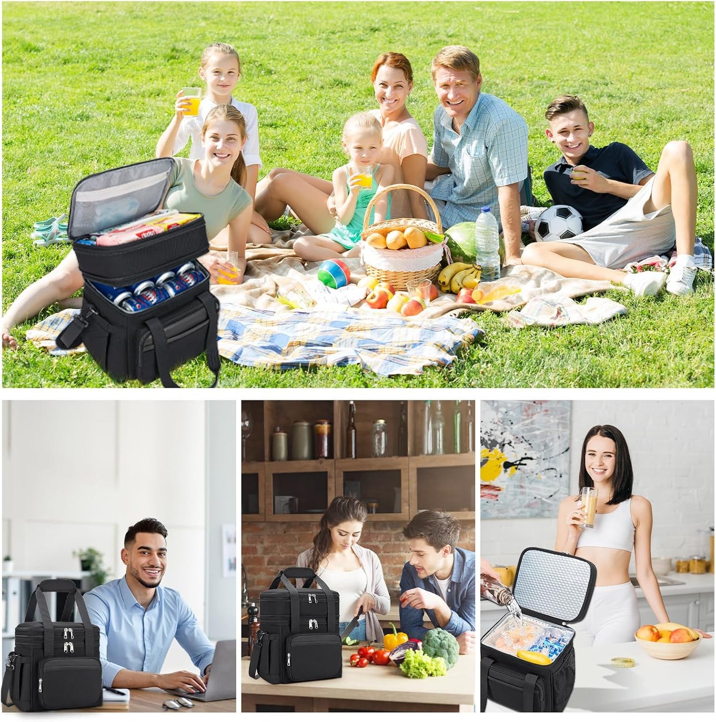 Insulated Lunch Bag & Lunch Box for Men - Double Deck Reusable Lunch Bag for Women Tote Cooler Bag Leakproof Soft Expandable - Large Lunchbox for Work/Adult/Picnic/Outdoor (Black，15L)