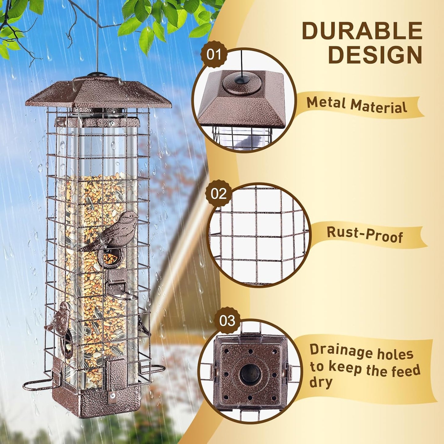 Squirrel Proof Bird Feeder for Outdoors Hanging, 3LB Large Capacity Metal Wild Feeder with Gravity Protection, 4 Ports, Durable & Weatherproof for Cardinals, Chickadees, Backyard Bird Watching