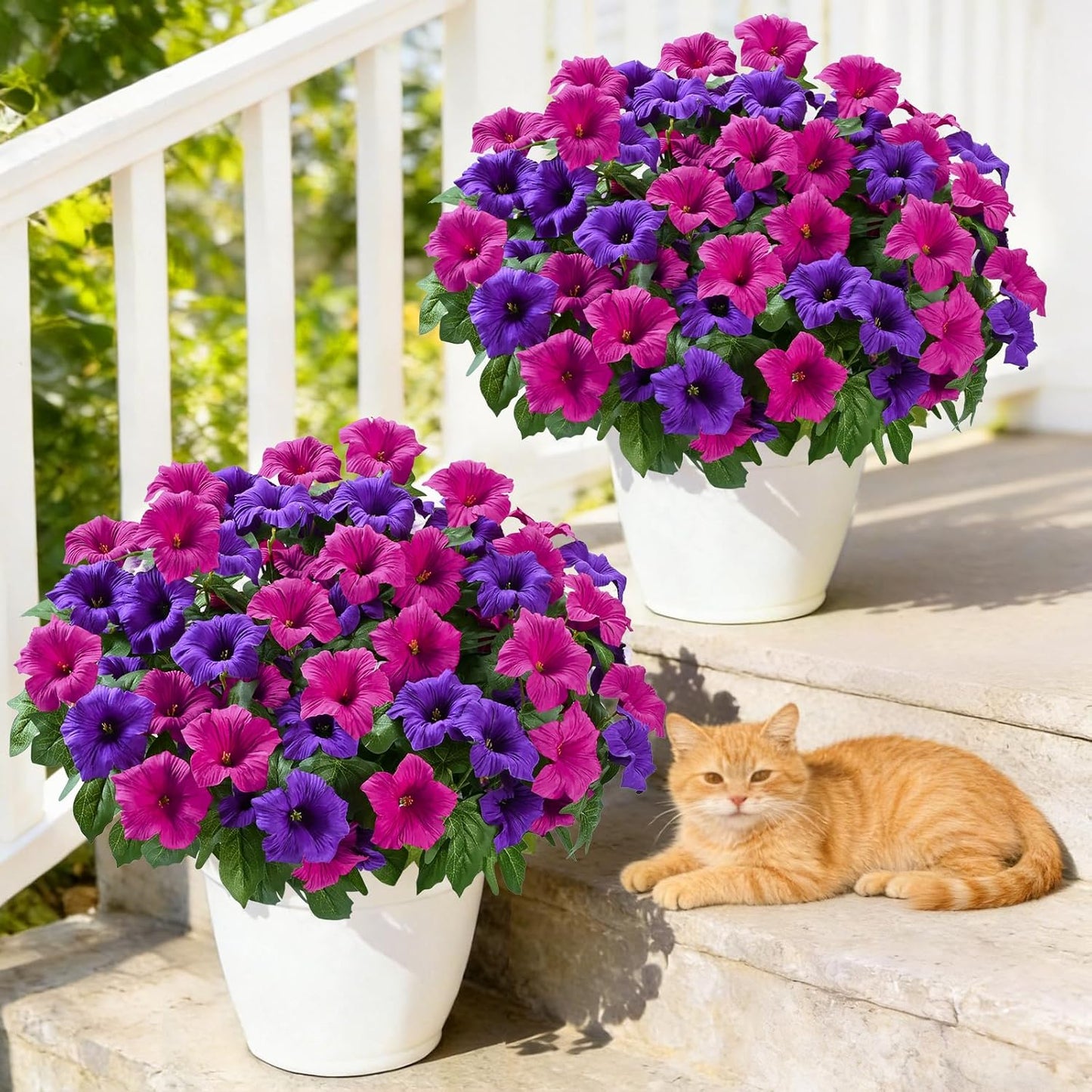 MARTINE MALL Artificial Flowers for Outdoors, 2 Potted Realistic Fake Outdoor Flowers, UV Resistant Silk Petunia Flower for Outside Look Real Faux Flower Plants in Pot for Porch Garden Decor, 20''