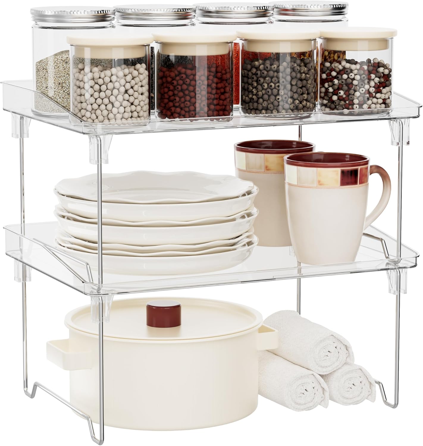 2 Pcs Cabinet Organizer Shelf, Stackable Kitchen Counter Shelves, Spice Rack,Countertop Organizers, Clear Plastic Storage Shelves Rack for Makeup,Bathroom,Cupboard,Desk,Pantry Organization