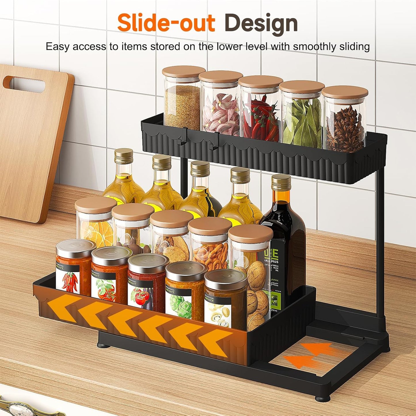 3 Pack Multi-Purpose Pull-Out Storage Organizers, 2-Tier L-Shaped Under Sink/Cabinet Organizers and Storage for Bathroom & Kitchen, Black, 12.8 Inches