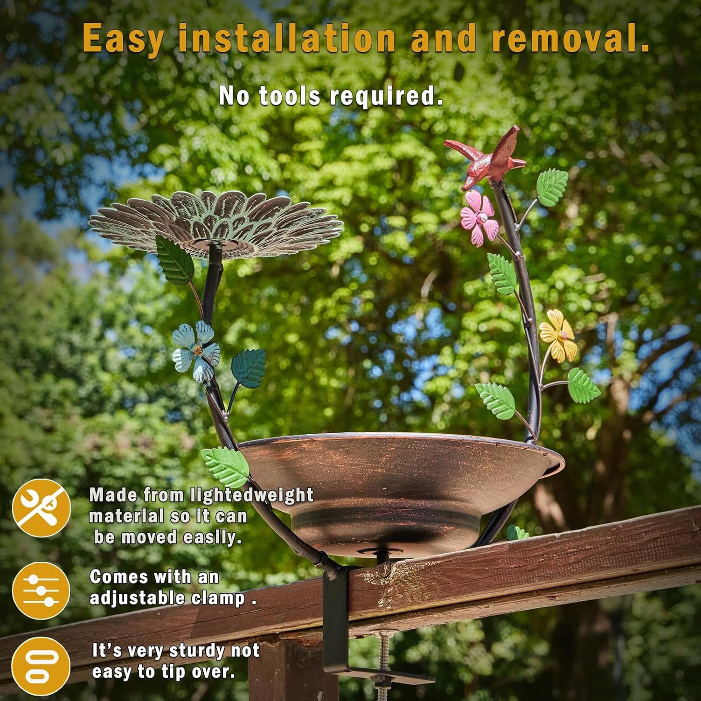 Solar Bird Bath,Deck Bird Bath with Solar Fountain,Metal Bird Bath Bubbler,Deck Mounted Bird Bath and Bird Feeder,Balcony Bird Bath,with Adjustable Heavy Duty Clamp for Patio Porch Garden
