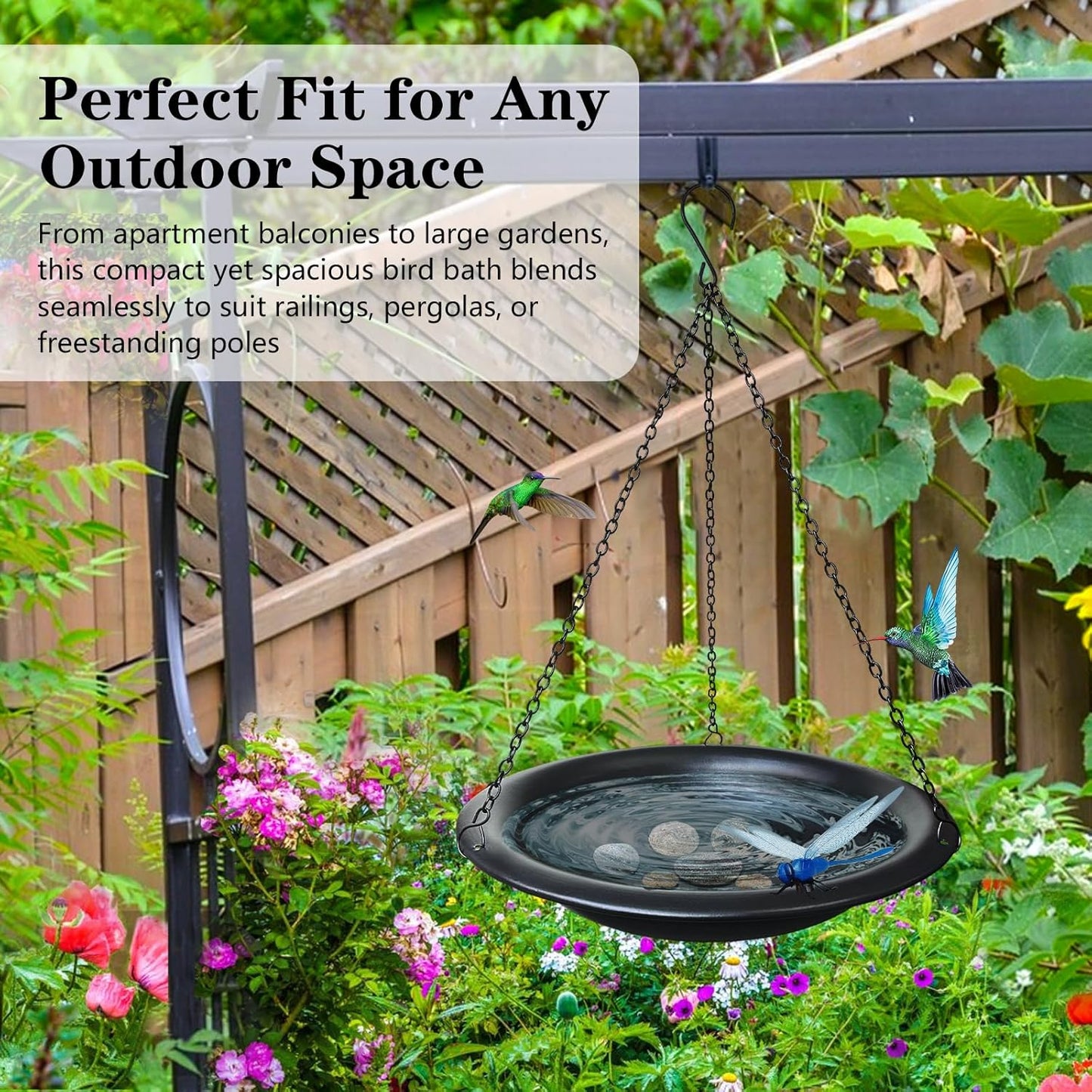 Hanging Bird Bath Outdoor 11.5" Metal Bowl with 15.5 in Rust-Proof Chains,Weather-Resistant Garden Birdbath with Magnetic Dragonfly for Backyard Decor,Matte Black