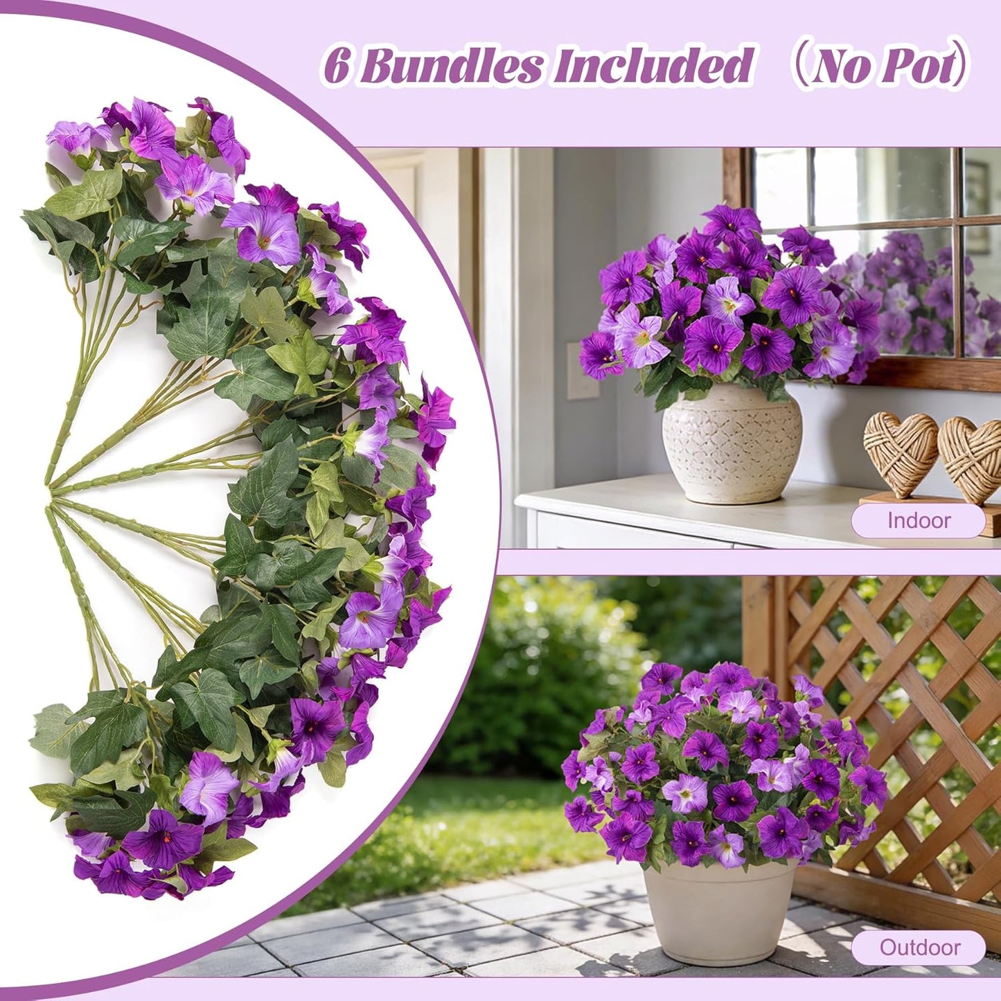 6 Pcs Artificial Petunia Flowers for Outdoors, Fake Flowers for Outdoor Planter, UV Resistant Realistic Faux Petunias Plants for Outside No Fade for Garden Porch Patio Indoor Decor(Double Purple)