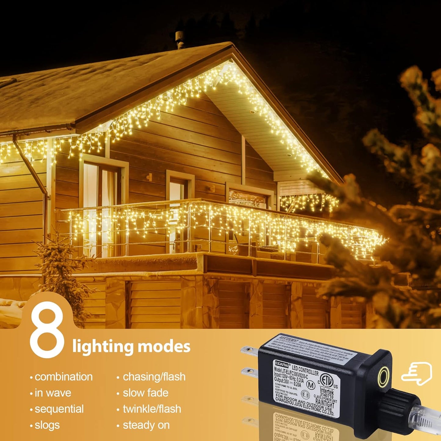 300L LED Icicle Lights, Warm White Window Curtain Lights,8 Modes with 