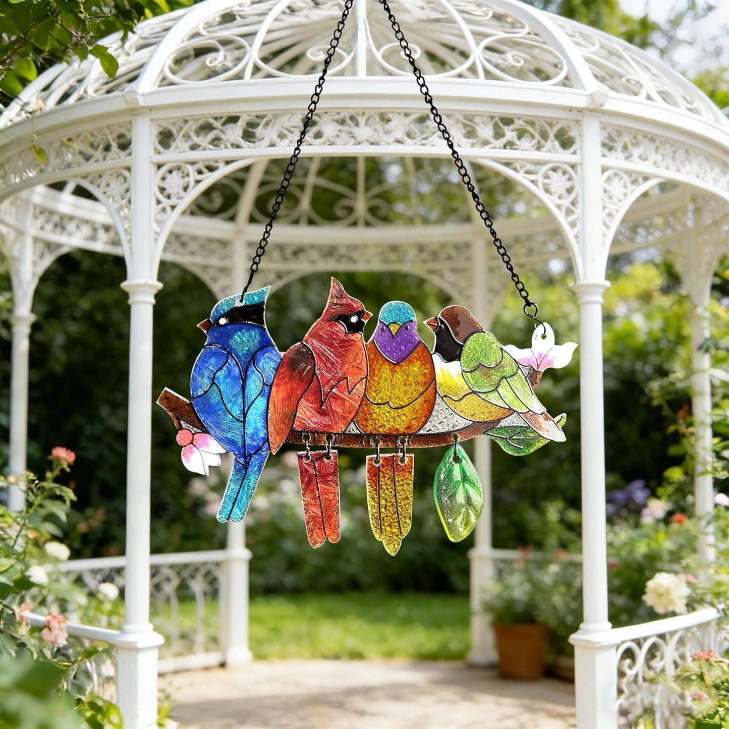 Stained Glass Window Hanging - Hummingbird on Branch Suncatcher Hand-Painted Double Side Stain Glass Cardinal Gifts Sun Catcher for Windows Doors Room Outdoor Home Decoration